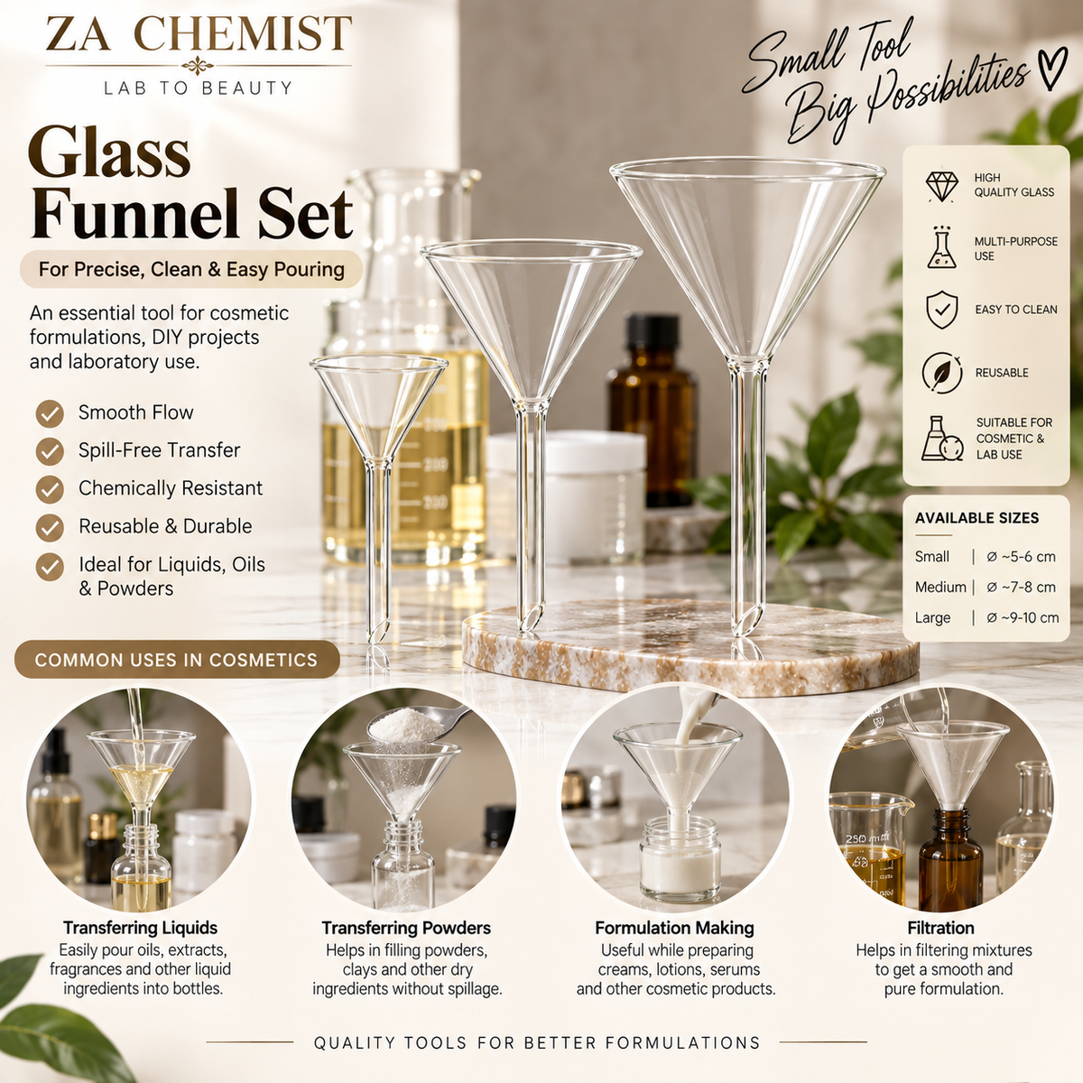 Clear Glass Laboratory & Cosmetic Funnels – 50mm / 75mm / 90mm