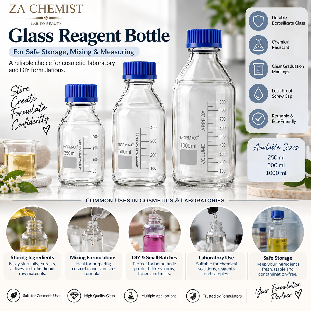 Clear Glass Reagent Bottles with Blue Caps – 250ml / 500ml / 1000ml