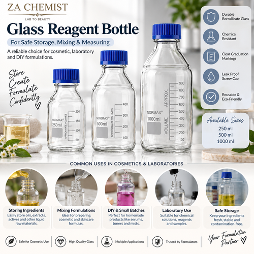 Clear Glass Reagent Bottles with Blue Caps – 250ml / 500ml / 1000ml