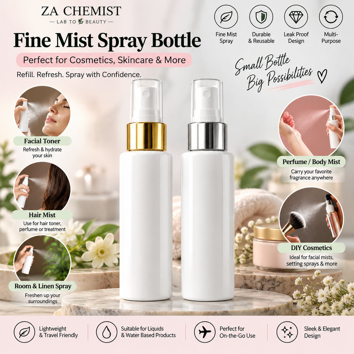ZA Chemist White Cosmetic Spray Bottle – Gold & Silver Collar