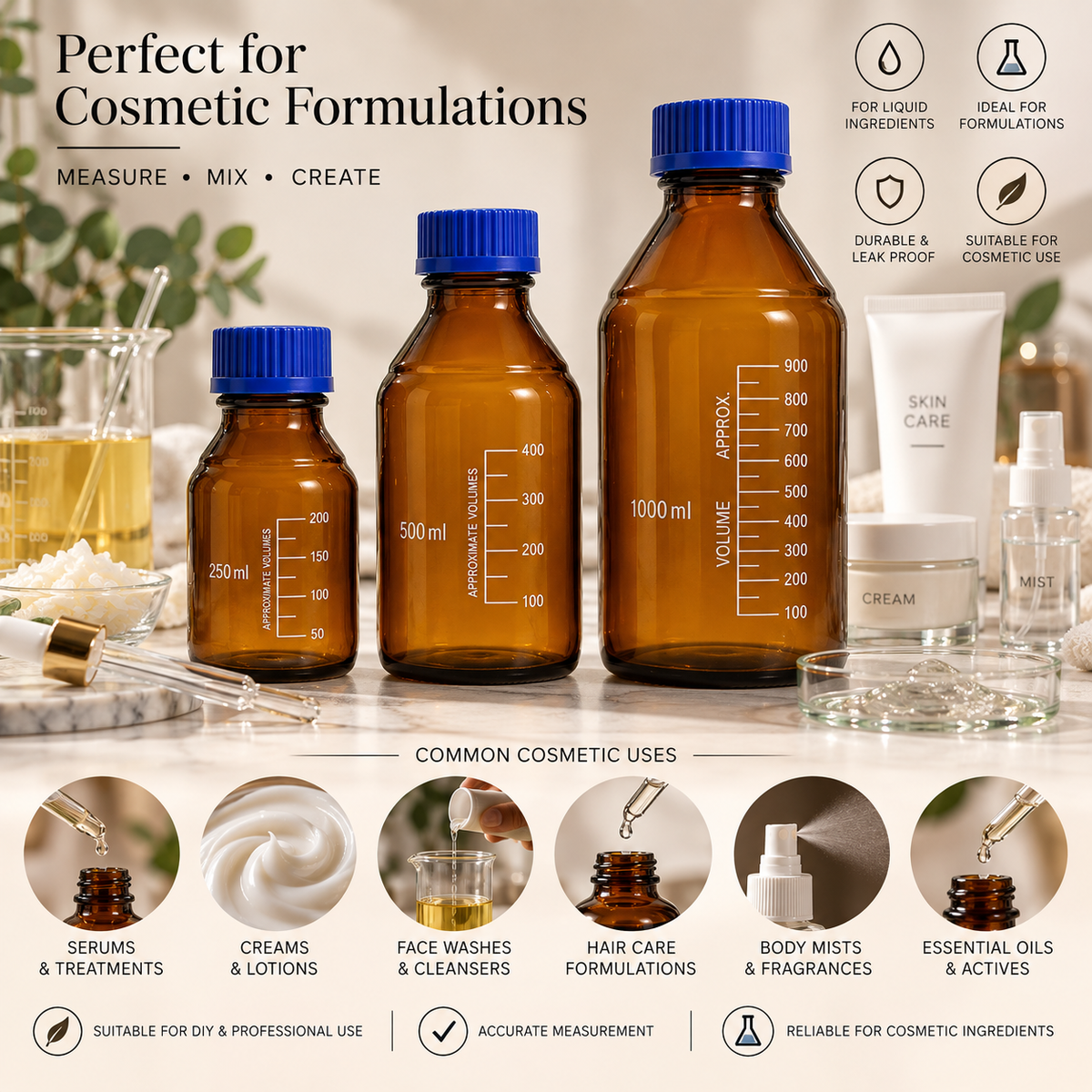 Amber Glass Bottles with Blue Screw Caps – 250ml / 500ml / 1000ml ZA Chemist