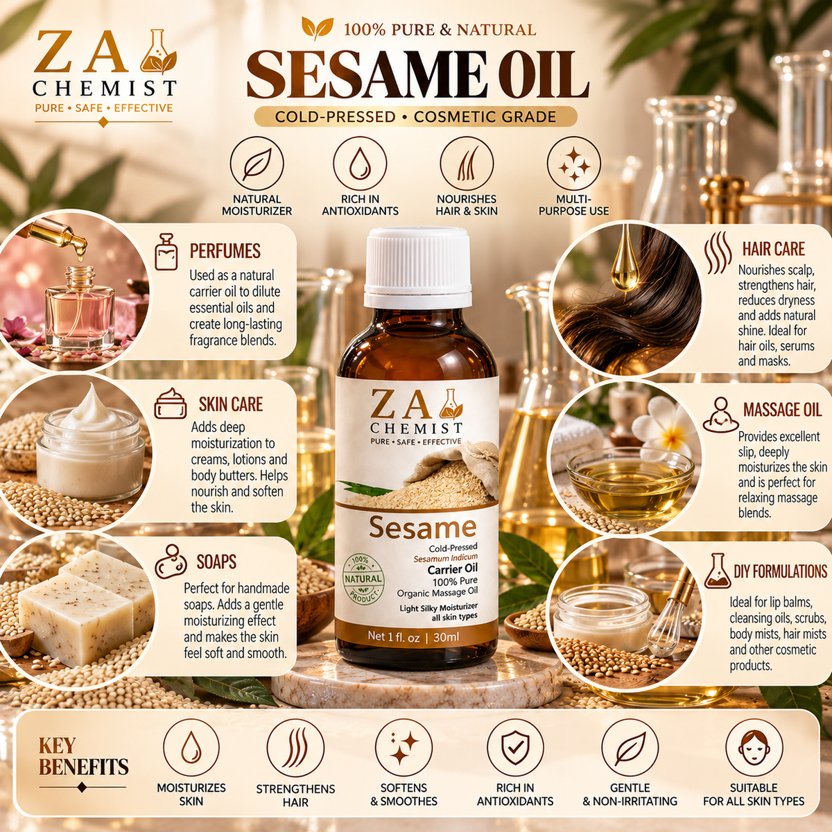ZA CHEMIST Sesame Carrier Oil – 100% Pure