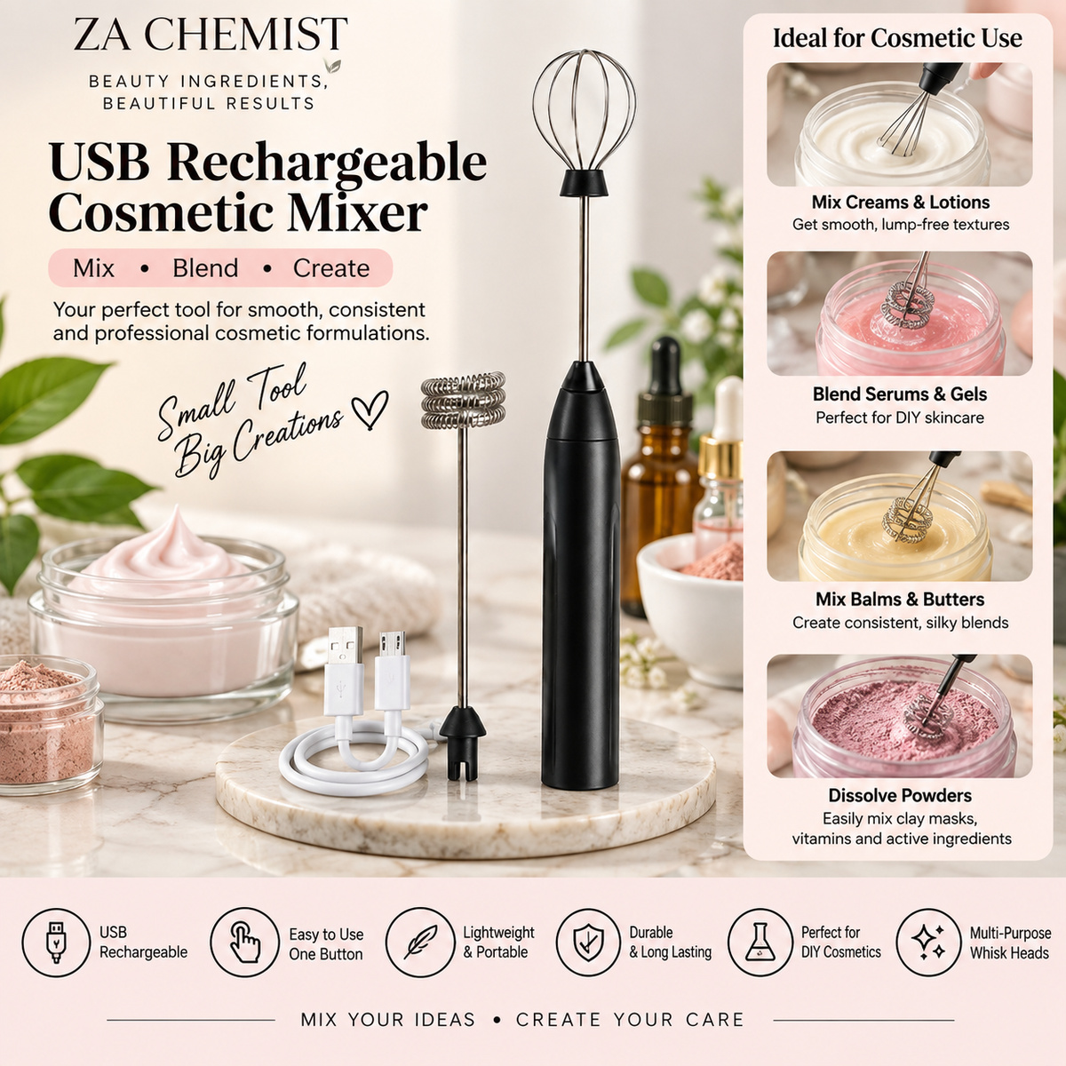 ZA Chemist Electric Cosmetic Mixer – USB Rechargeable Handheld Mixer
