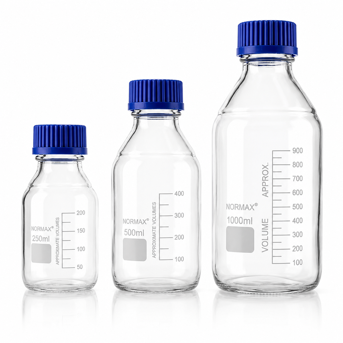 Clear Glass Reagent Bottles with Blue Caps – 250ml / 500ml / 1000ml