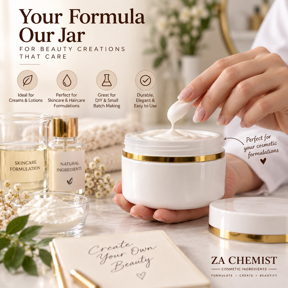 ZA Chemist 50g Empty Cosmetic Jar – White with Gold Band
