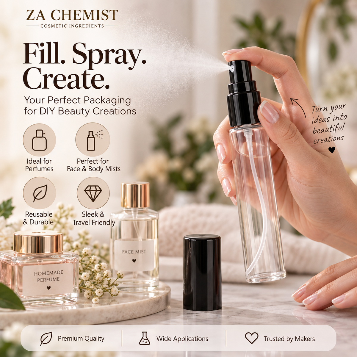 ZA Chemist Empty Fine Mist Spray Bottle – Clear with Black Pump